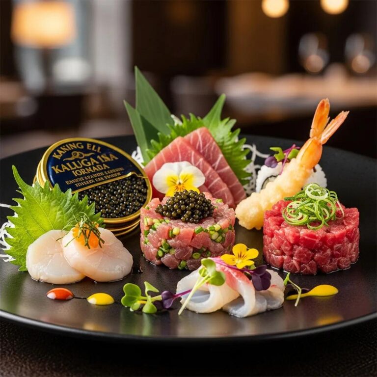Exquisite Japanese appetizers featuring Kaluga caviar, gourmet tartares, and fresh seafood in an elegant fine dining presentation at Kaviar Restaurants.