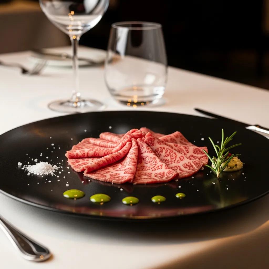 Exquisite presentation of A5 Wagyu beef showcasing intricate marbling, garnished with sea salt, green sauce, and a sprig of rosemary on a sleek black plate in an elegant dining setting.