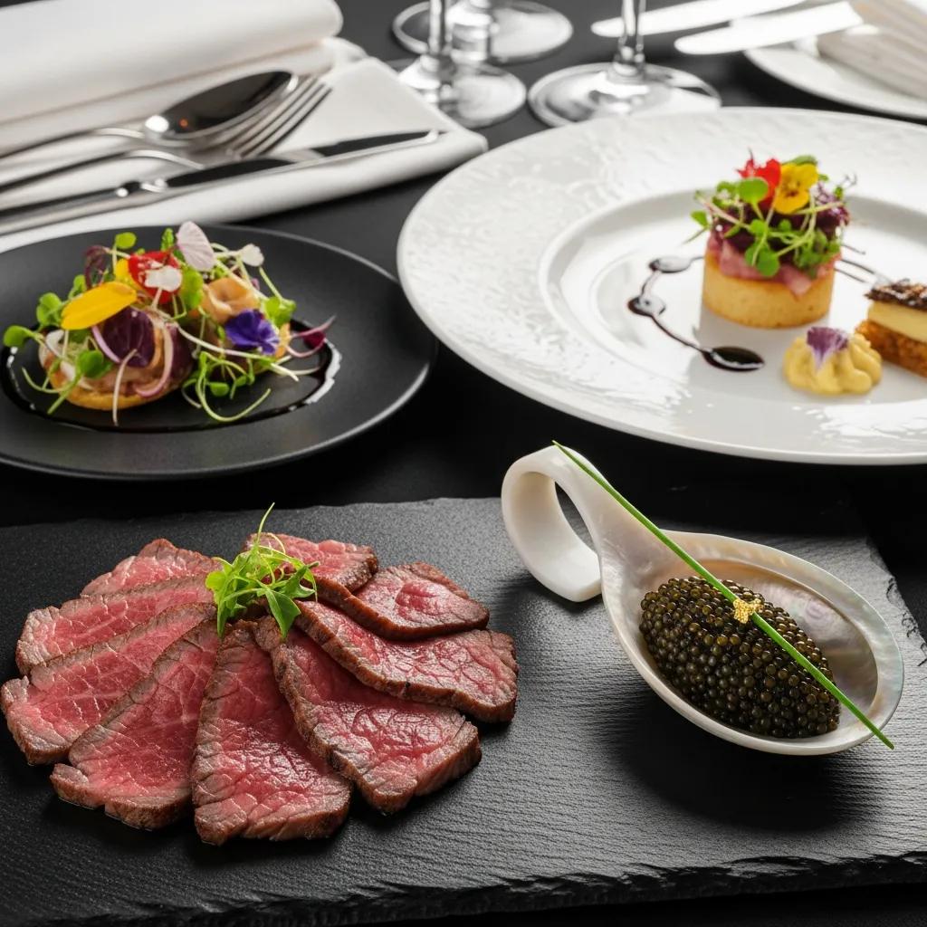 Exquisite A5 Wagyu beef slices with caviar and vibrant garnishes, elegantly presented in a luxury dining setting, highlighting personalized culinary experiences at Kaviar Restaurants.