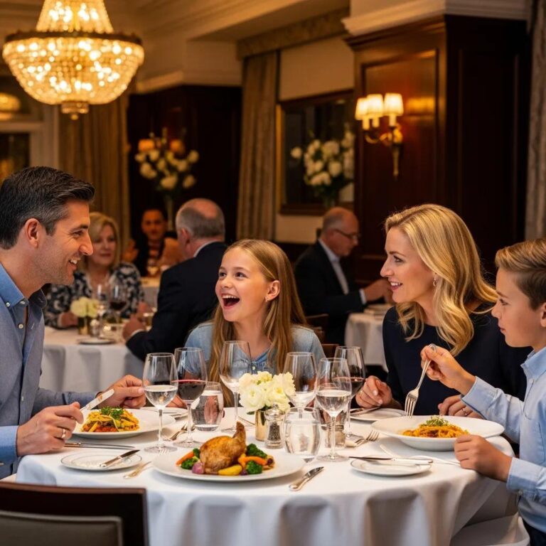 Family enjoying fine dining together, highlighting family dining etiquette and children's engagement