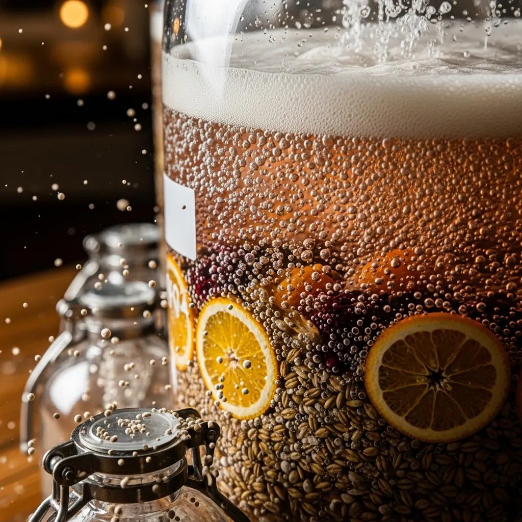 Fermentation vessels with bubbling wash and visible ingredients such as grain and fruit