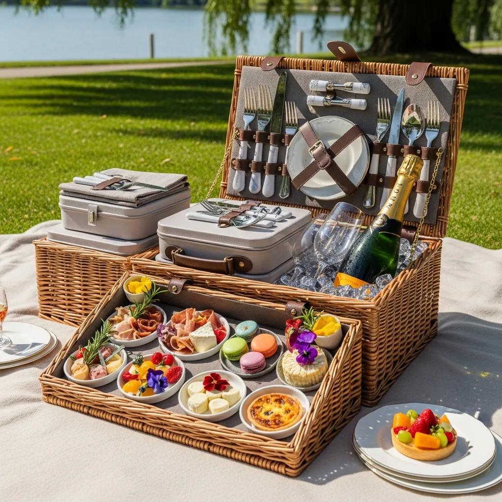 Insulated picnic carrier and elegant flatware arranged for a fine-dining outdoor service