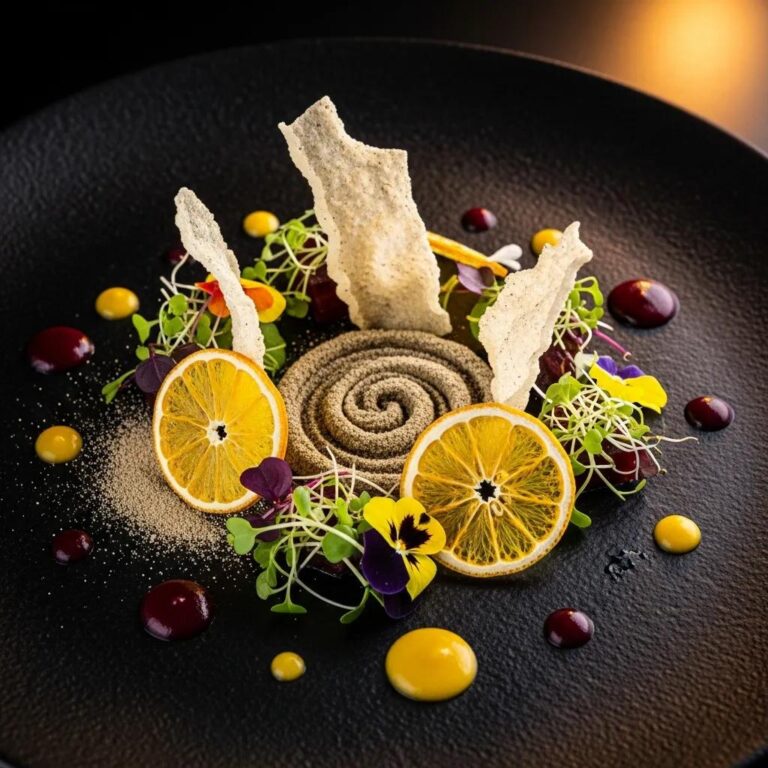Elegant fine dining plate featuring dehydrated ingredients like mushroom powder and freeze-dried citrus, adorned with vibrant edible flowers and colorful sauces, showcasing modern Japanese culinary artistry at Kaviar.