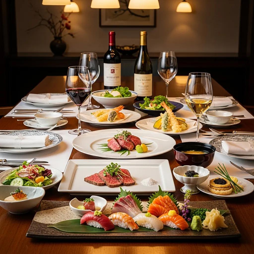 A refined dining table set with Japanese dishes and thoughtfully paired Old and New World wines