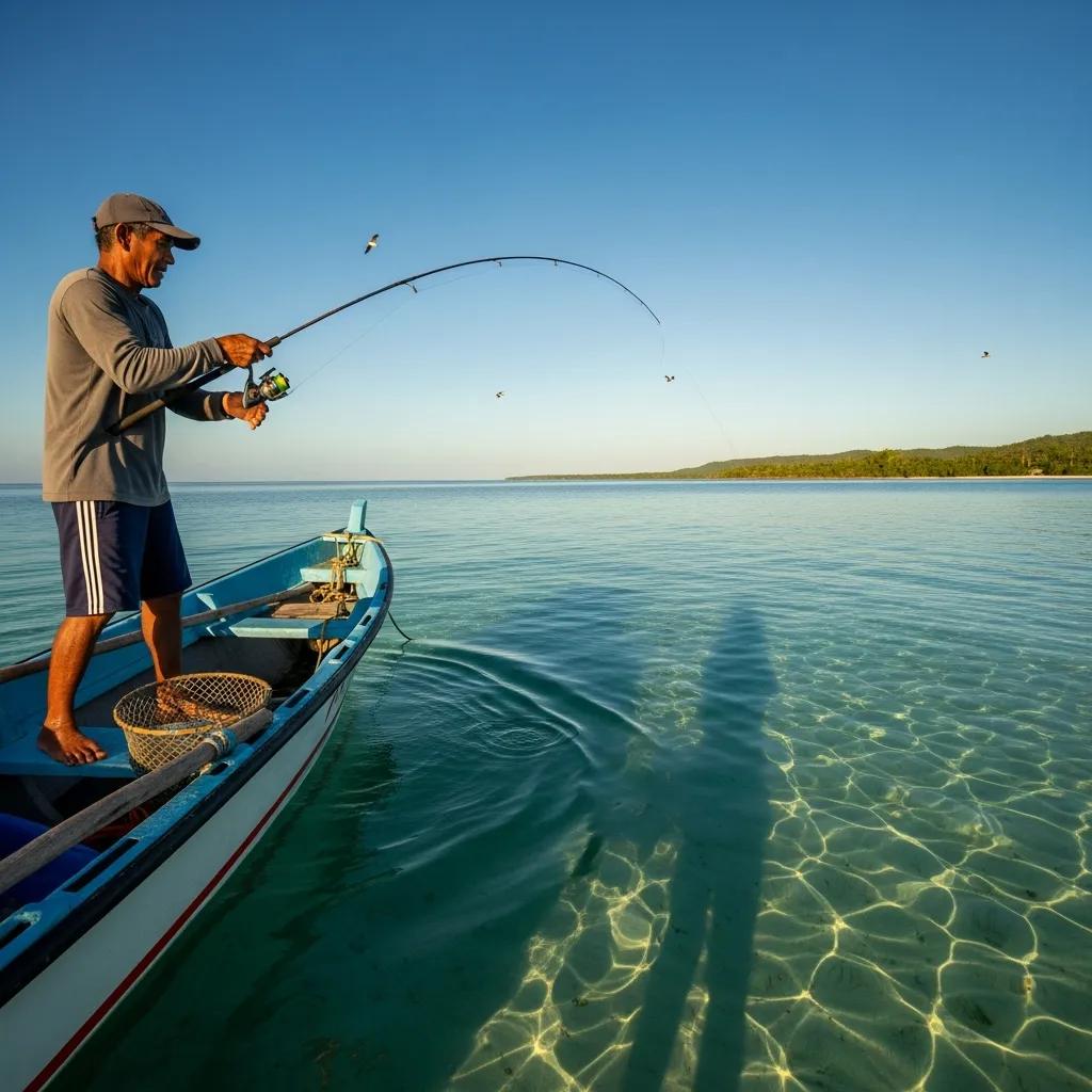 Fisherman practicing low-impact fishing methods in a serene ocean environment, emphasizing sustainable seafood practices.