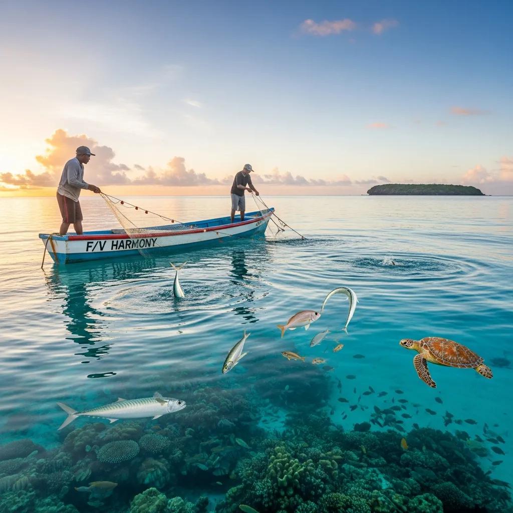 Artisan fishermen practicing selective, low-impact methods in clear ocean waters