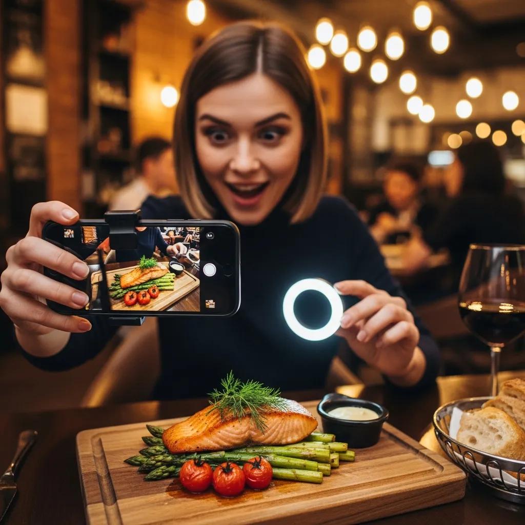 Food blogger excitedly capturing a beautifully plated salmon dish with asparagus and tomatoes using a smartphone, highlighting the impact of social media on food criticism.