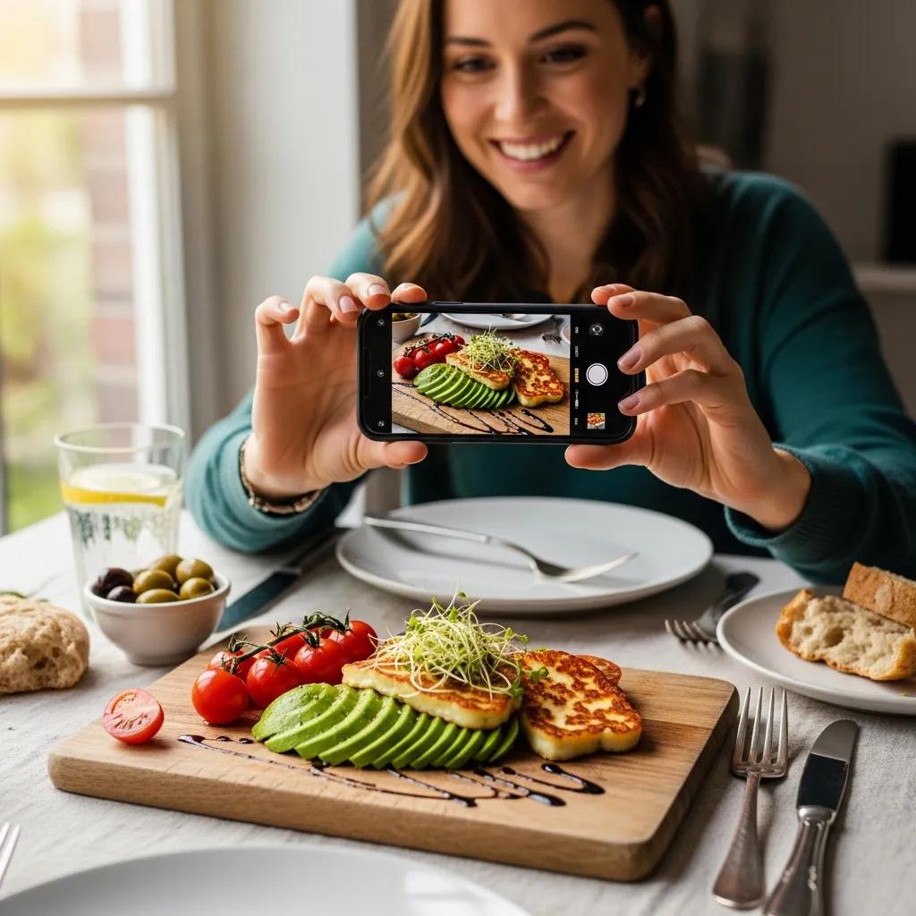 Creator photographing a vibrant dish for social media, illustrating how visual storytelling influences dining decisions