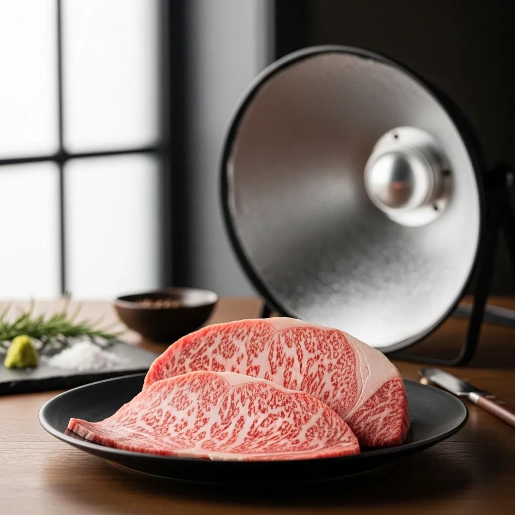 Studio setup photographing A5 Wagyu under soft, directional window light to reveal marbling and texture