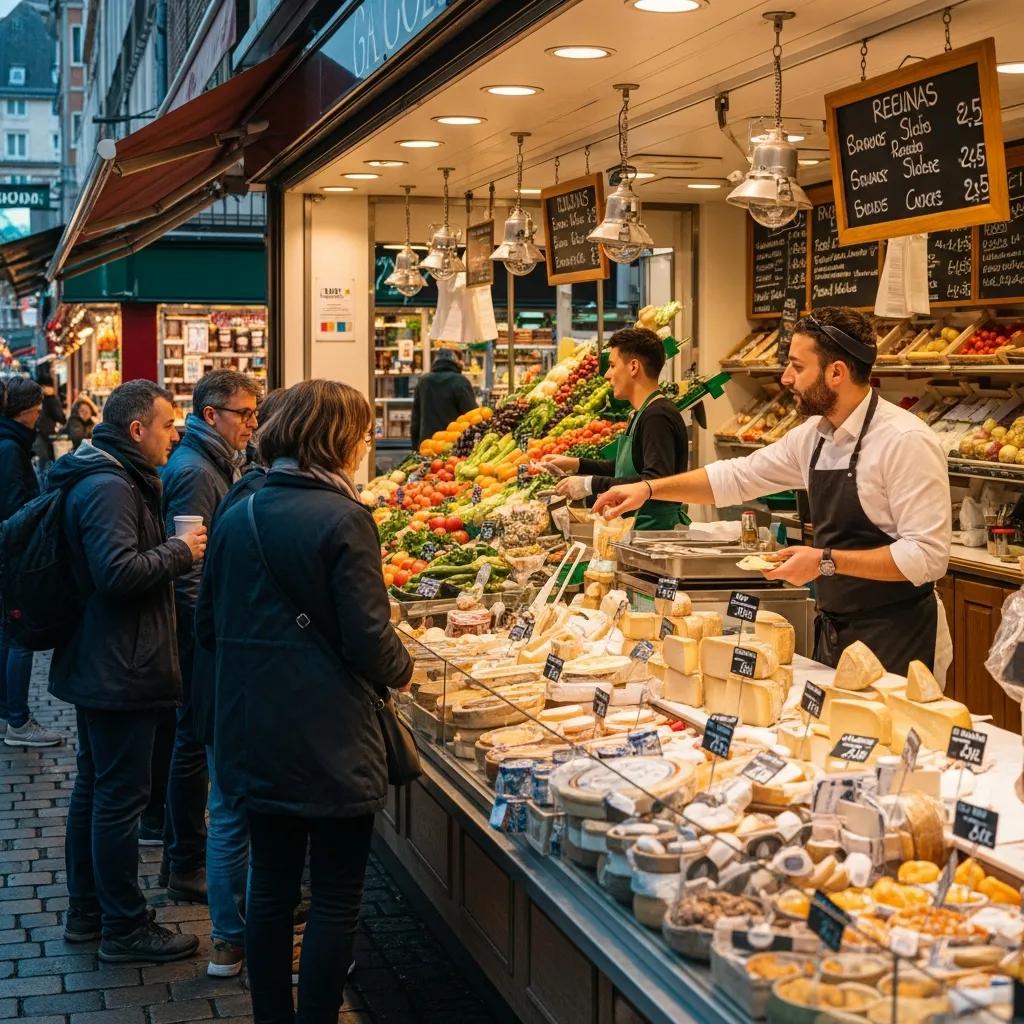 Group exploring vibrant local market in Europe, featuring fresh produce, cheeses, and local delicacies, highlighting culinary authenticity and gourmet experiences.