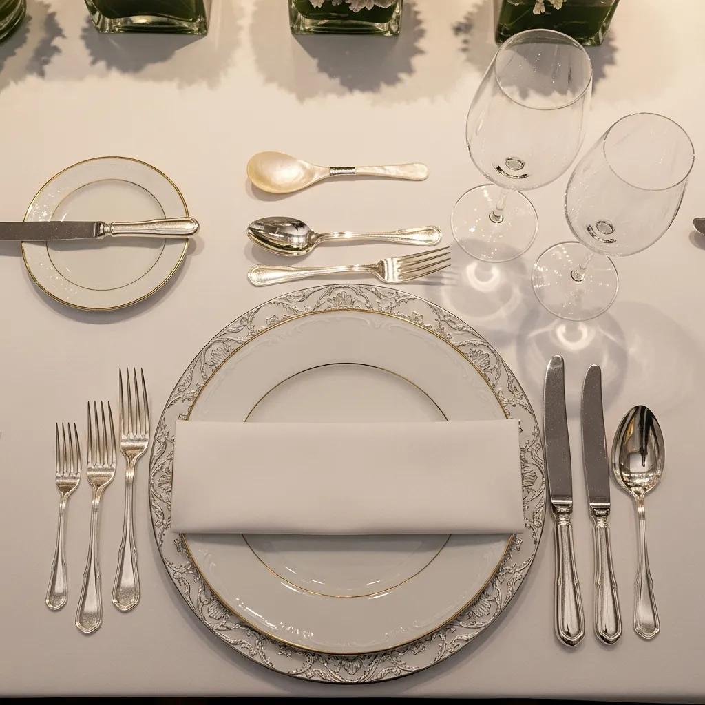 Formal dining table with correctly arranged utensils demonstrating table setting etiquette