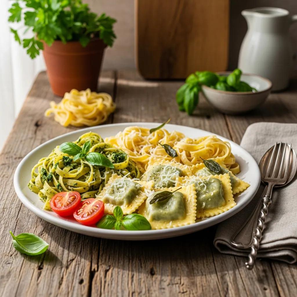 Fresh homemade pasta with various shapes and garnishes in a rustic kitchen setting