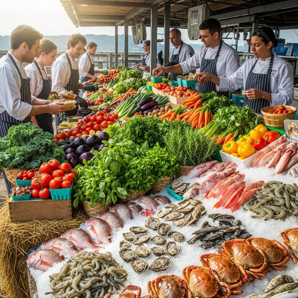 Chefs inspecting fresh local produce and seafood, highlighting seasonal quality