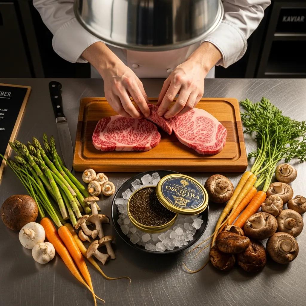 Premium ingredients sourced for Kaviar, including A5 Wagyu and caviar, displayed in a professional kitchen