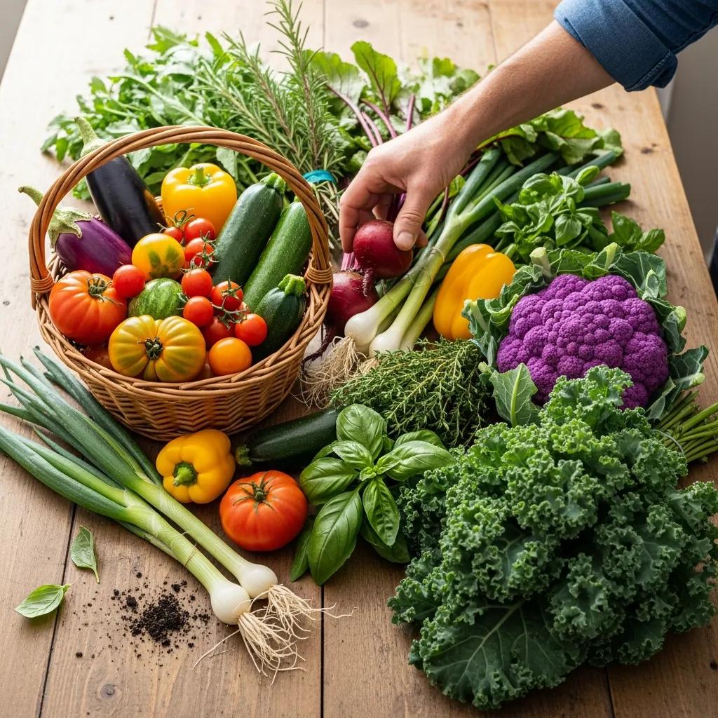 Fresh seasonal vegetables and herbs in a basket, showcasing Kaviar's commitment to local sourcing and sustainable fine dining practices, with a hand selecting vibrant produce including tomatoes, zucchini, and kale.