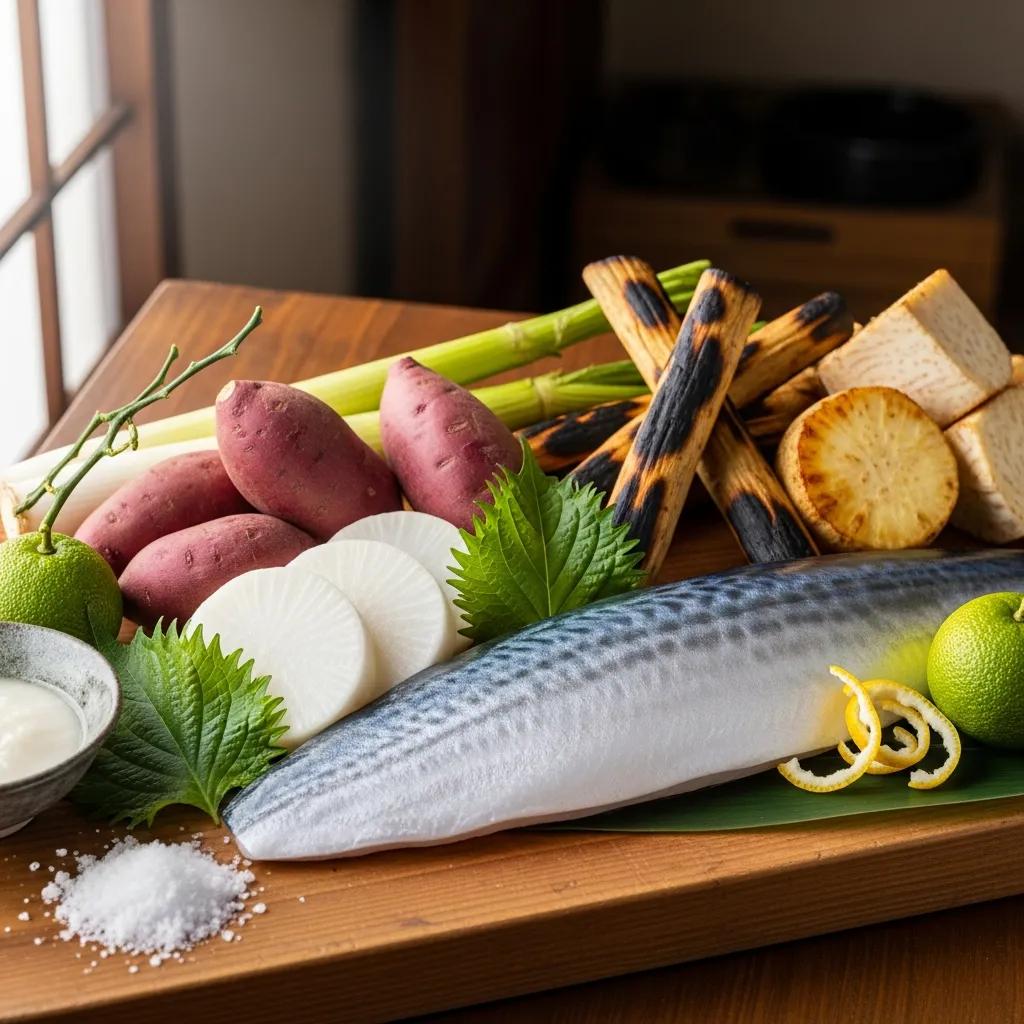 Fresh seasonal winter ingredients for Japanese cuisine, featuring kanburi fish, sweet potatoes, daikon, and root vegetables, arranged on a wooden cutting board with garnishes and salt.