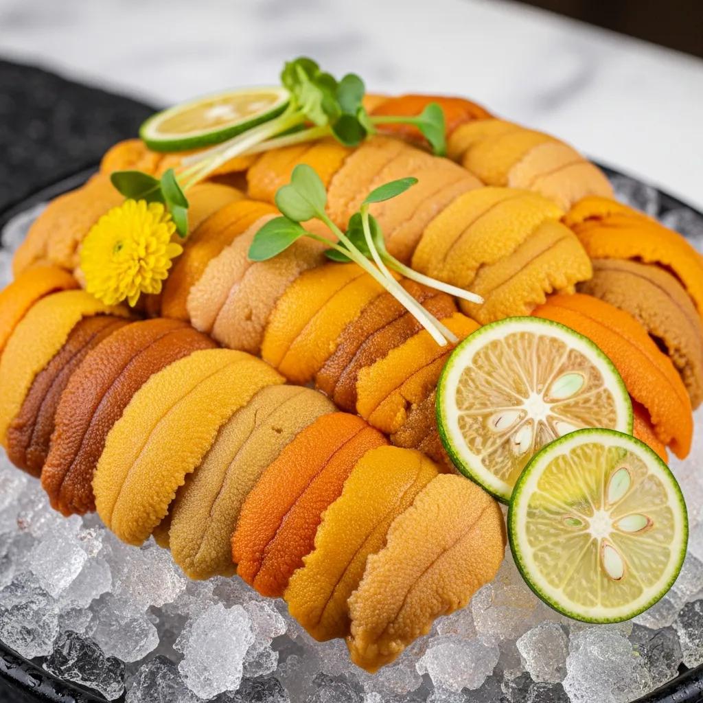 Fresh uni arranged on ice, showcasing a creamy texture in various shades of orange, garnished with lime slices and microgreens, highlighting its gourmet appeal and nutritional benefits.