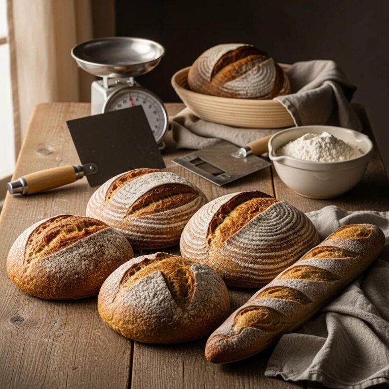 Artisanal bread loaves on a wooden table with baking tools, showcasing the art of home baking, flour, and a scale.