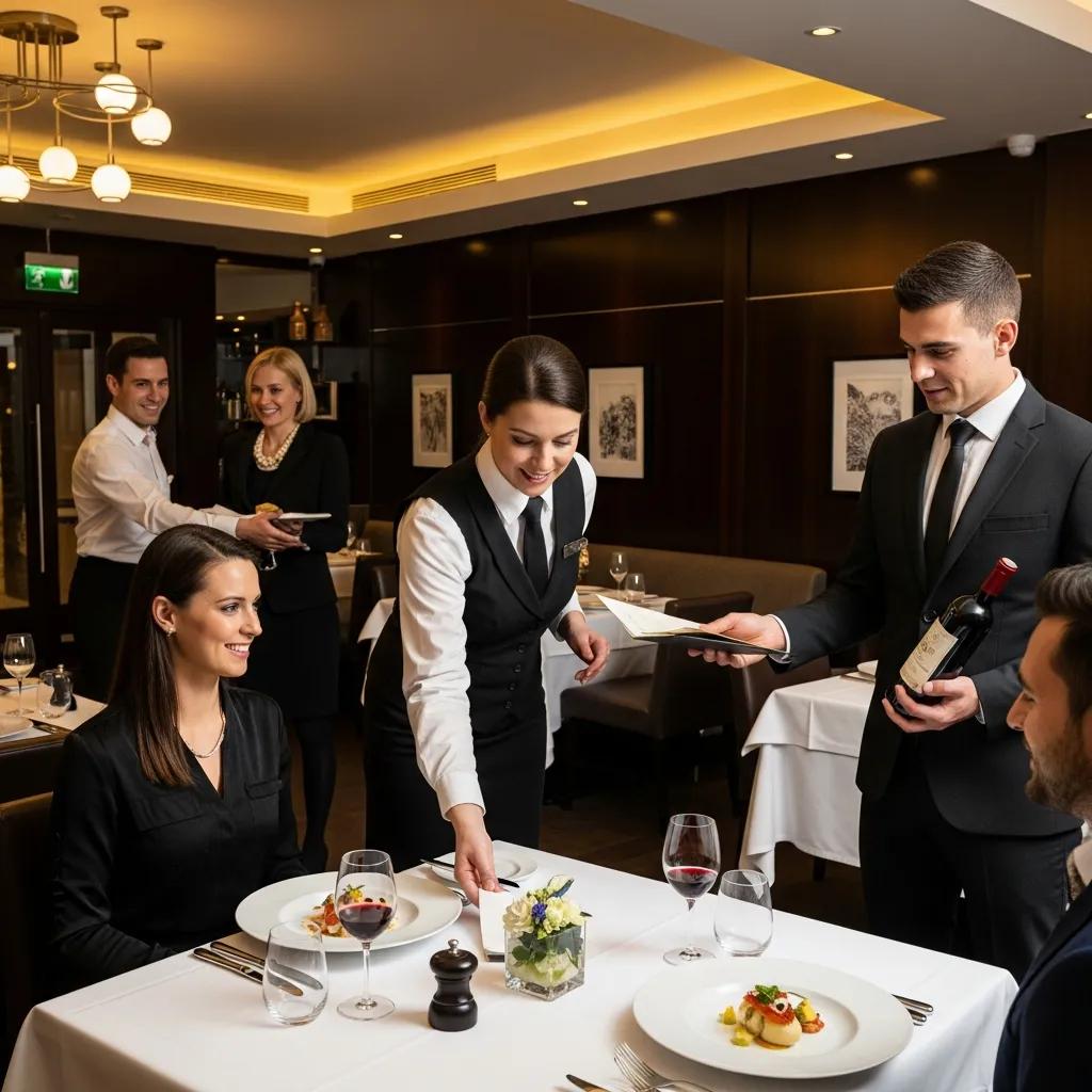Front-of-house team at Kaviar Restaurant serving guests, showcasing elegant dining service with food presentation and wine pairing.
