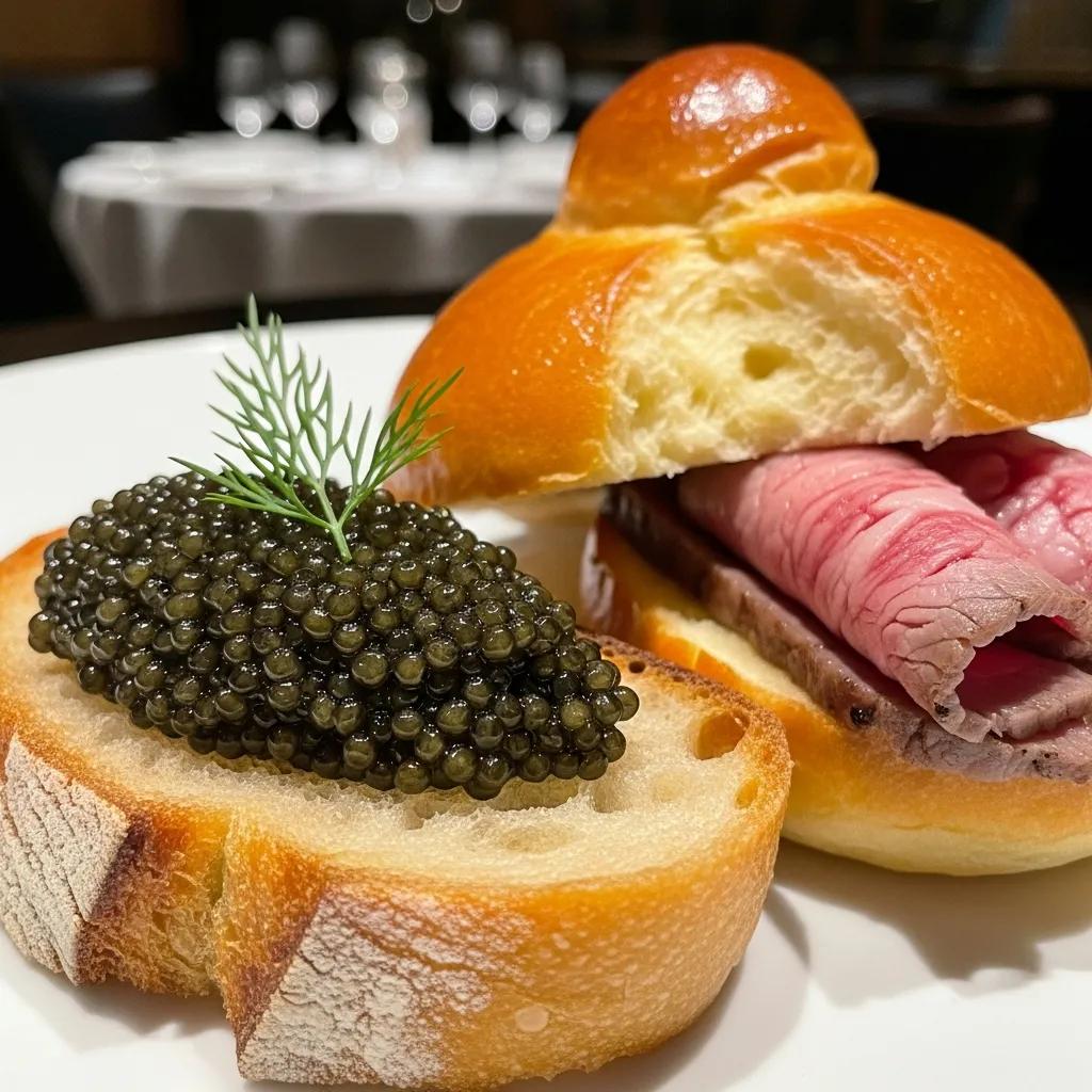 Brioche bun with Kaluga caviar and roast beef, garnished with dill, highlighting luxurious gourmet pairing for fine dining experience.