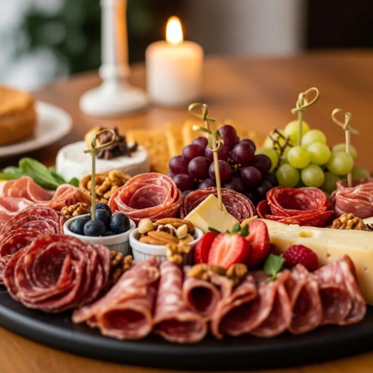 Gourmet charcuterie board with artisan meats, luxury cheeses, and elegant accompaniments