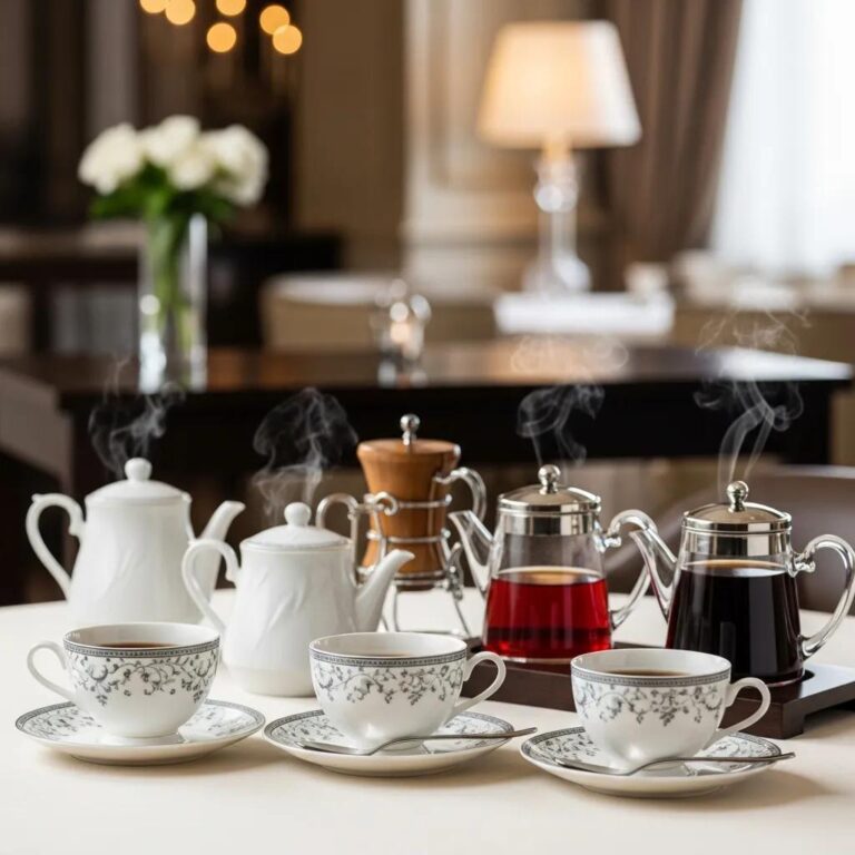 Gourmet coffee and specialty tea selection in an elegant fine dining setting, featuring steaming cups, ornate teapots, and a luxurious ambiance.