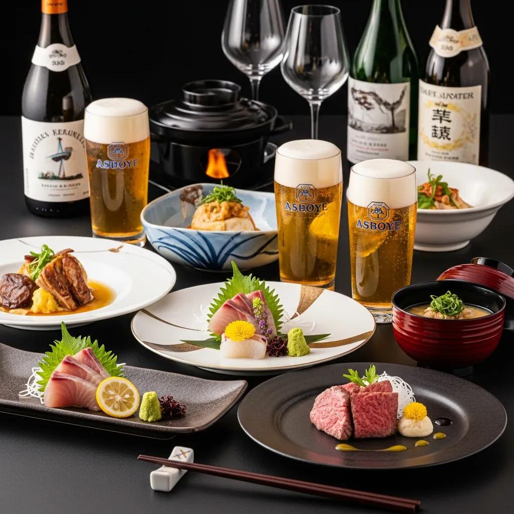 Gourmet Japanese cuisine featuring sashimi, premium beef, and craft beer, with elegant table setting and fine dining aesthetics.