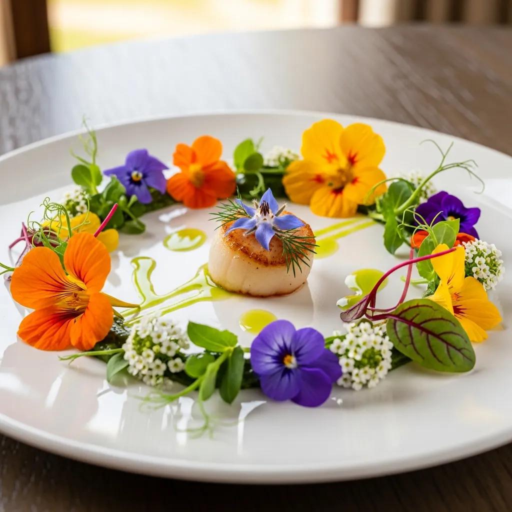 Gourmet dish decorated with colorful edible flowers, enhancing luxury food presentation