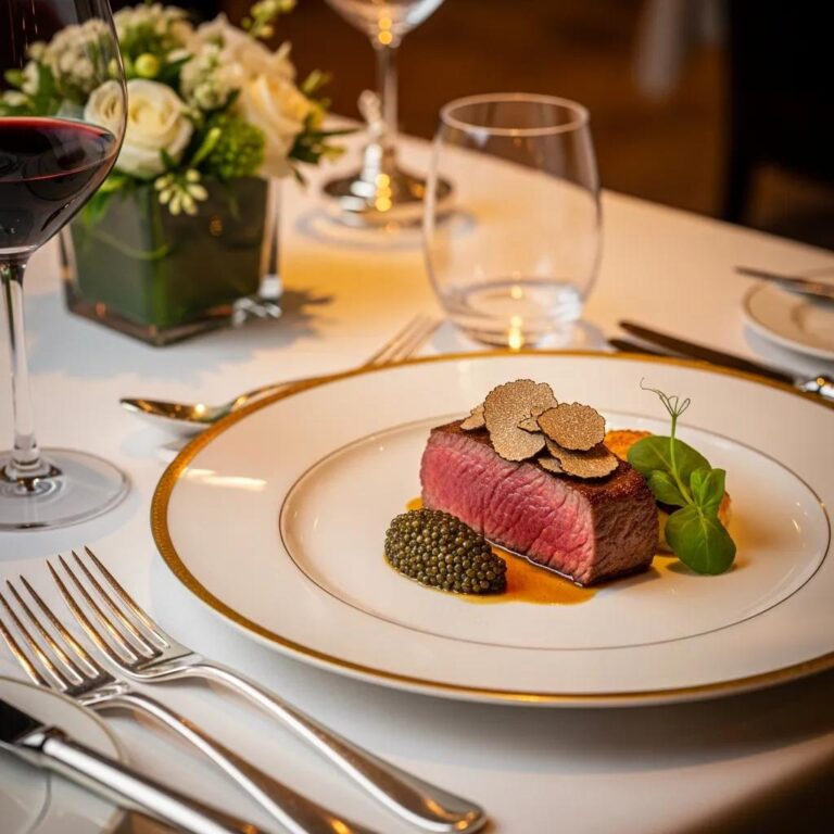 Gourmet dish featuring black truffles, A5 Wagyu, and caviar in an elegant dining setting