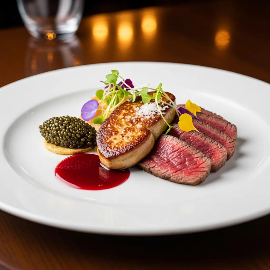 Artful composition of seared foie gras, A5 Wagyu, and caviar, arranged to highlight complementary textures and flavors