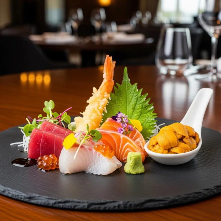 Gourmet dish featuring silky sashimi, creamy uni, and crispy tempura, highlighting the role of texture in fine dining