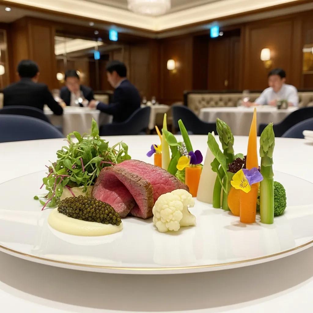 Gourmet dish showcasing A5 Wagyu and caviar in a luxury dining setting