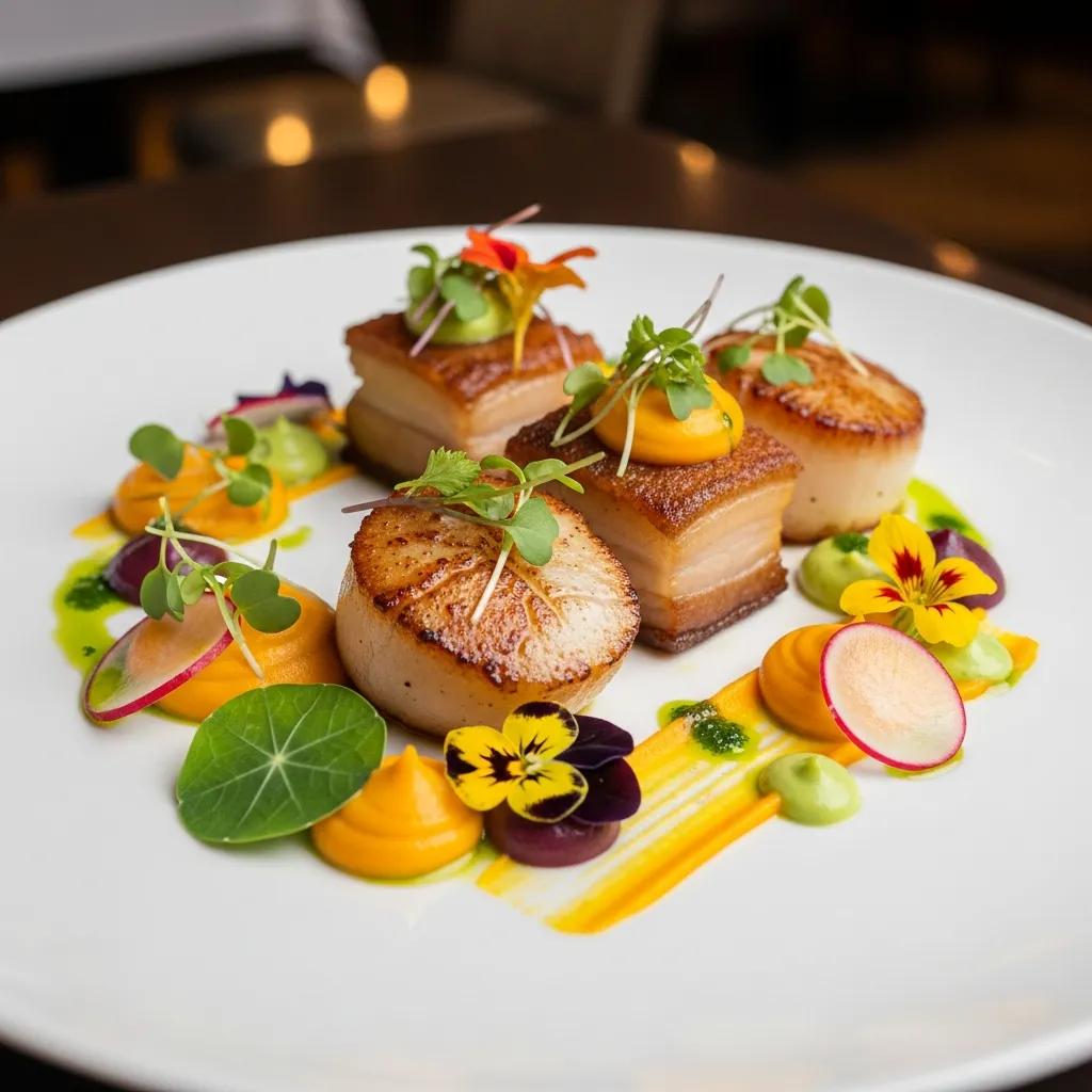 Gourmet dish showcasing fine dining plating techniques with vibrant colors and elegant arrangement