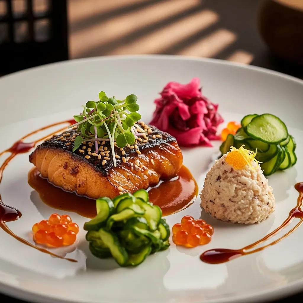 Gourmet dish showcasing Japanese fermented ingredients like miso and koji in a fine dining setting