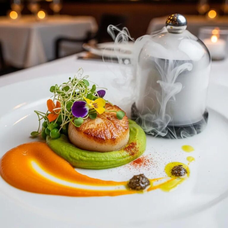 Gourmet dish featuring a seared scallop on vibrant green puree, garnished with edible flowers and microgreens, accompanied by colorful sauces and a smoke-filled cloche, showcasing the artistry of Japanese fine dining at Kaviar Restaurant.