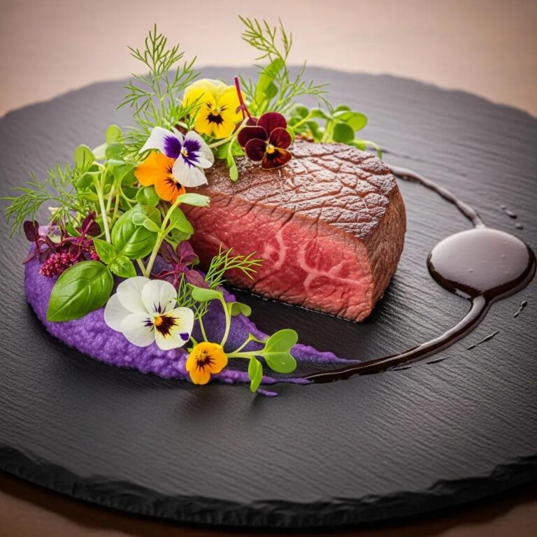 Gourmet dish with A5 Wagyu and artistic garnishes showcasing advanced culinary techniques