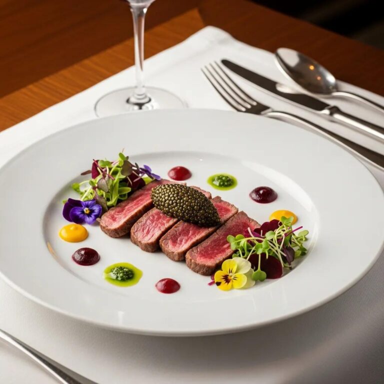 Gourmet dish with A5 Wagyu and caviar, highlighting luxury dining and flavor complexity