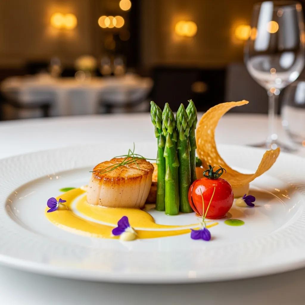 Gourmet dish featuring seared scallops, vibrant asparagus, cherry tomato, and silky emulsion sauce, artistically presented with edible flowers on a fine dining table.