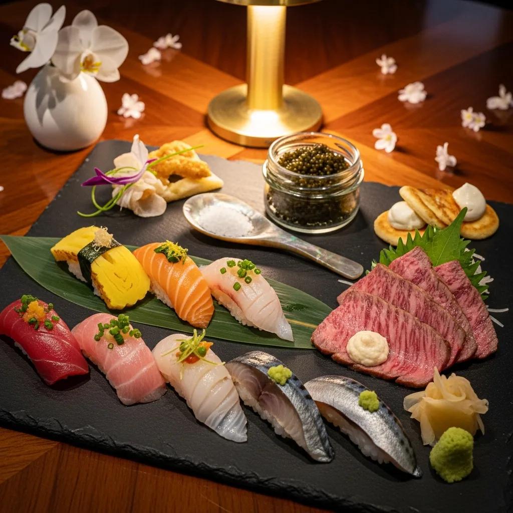 Gourmet food platter with omakase sushi, A5 Wagyu, and Kaluga caviar highlighting luxury dining experience