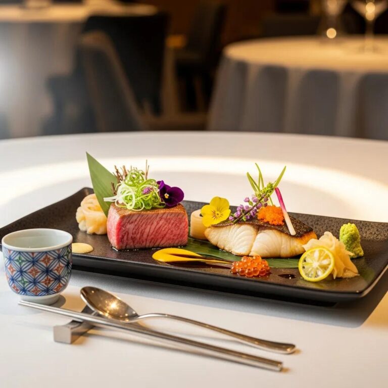 Gourmet Japanese fine dining plate featuring umami-rich ingredients like A5 Wagyu and miso-glazed black cod