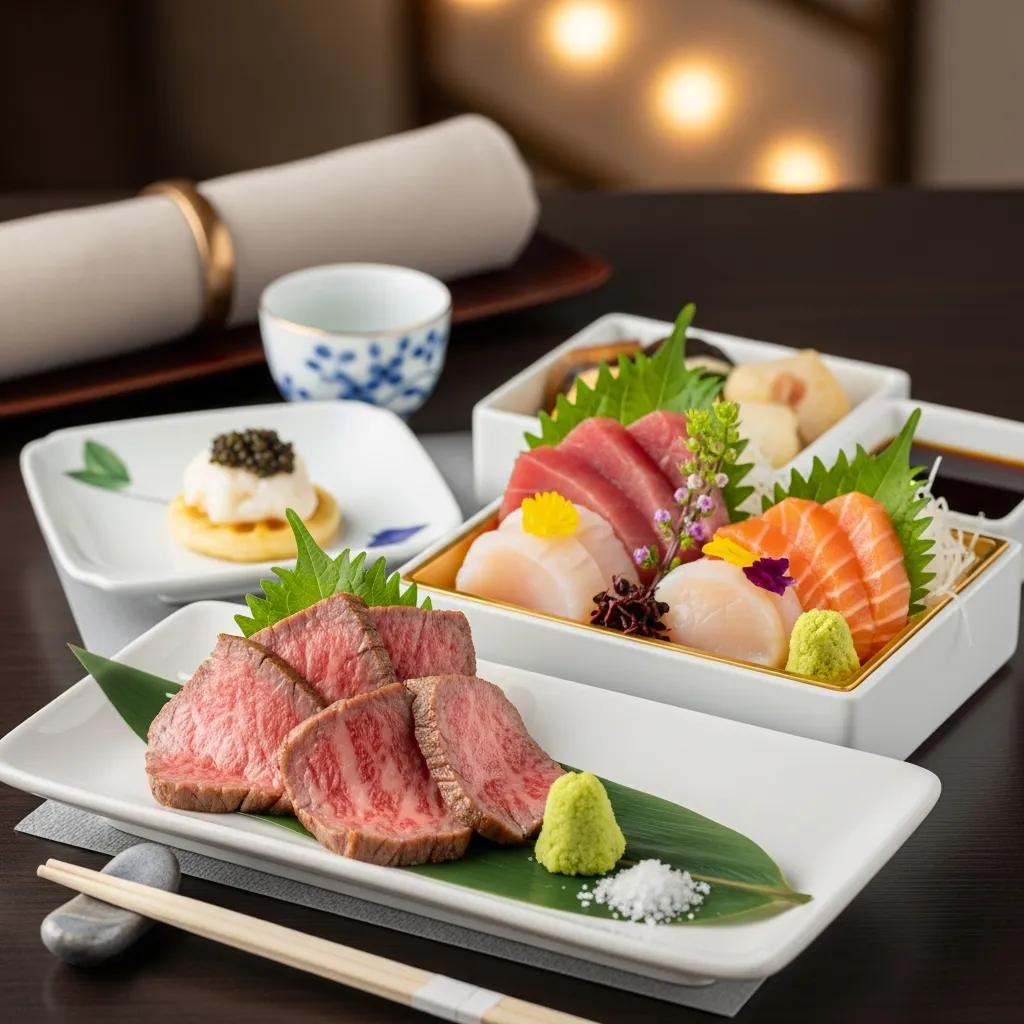 Gourmet A5 Wagyu sashimi and assorted sushi, elegantly presented with fresh wasabi, caviar, and decorative garnishes, showcasing Japanese fine dining at Kaviar Restaurant Pasadena.