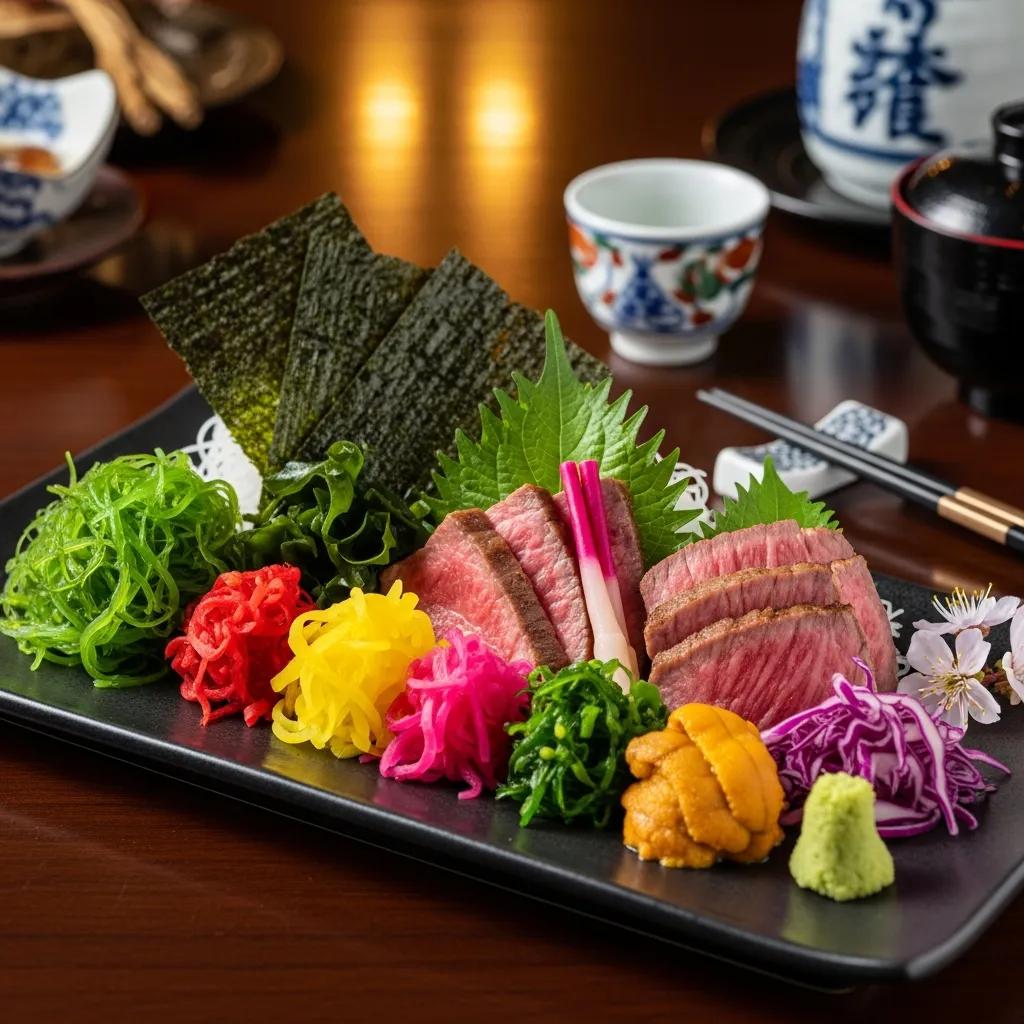 Gourmet Japanese omakase dish showcasing antioxidant-rich ingredients like A5 Wagyu and seaweed garnishes