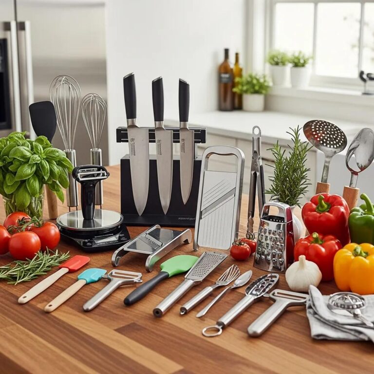 Gourmet kitchen tools including chef knives and precision gadgets arranged on a countertop with fresh ingredients