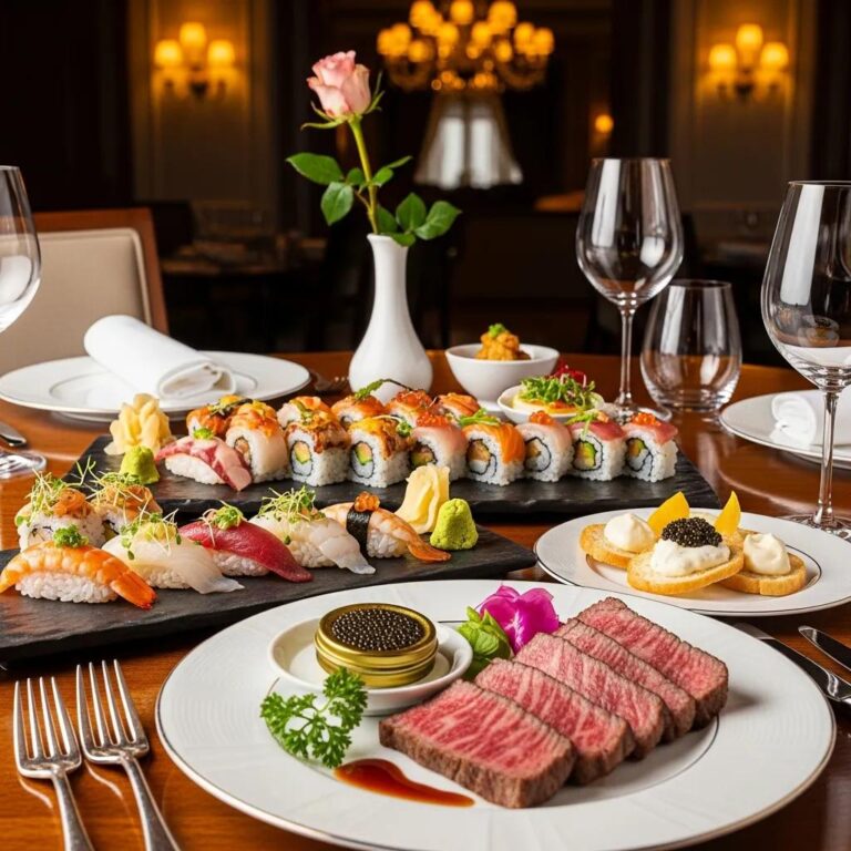 Gourmet meal featuring sushi, A5 Wagyu, and caviar in an elegant dining setting, representing luxury culinary travel
