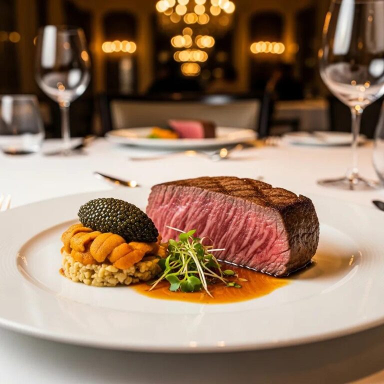 A5 Wagyu beef steak with Kaluga caviar and fresh uni on a bed of risotto, elegantly plated in a luxurious dining setting at Kaviar Restaurants.
