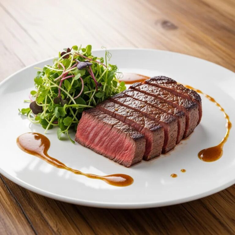 Gourmet presentation of A5 Wagyu steak with microgreens and sauce on a rustic wooden table