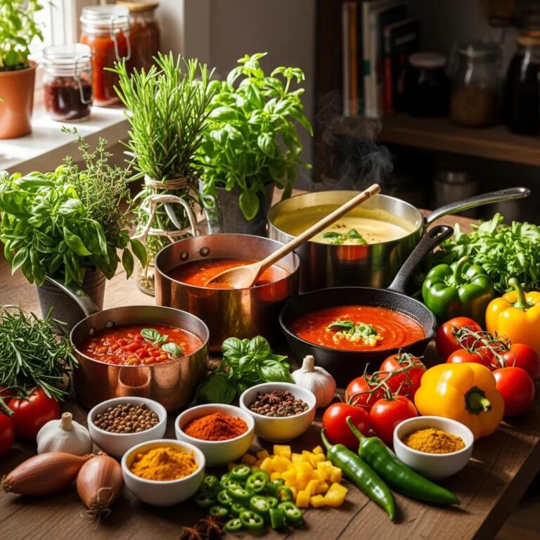 Gourmet sauce preparation with fresh herbs, vibrant vegetables, and colorful spices in a warm kitchen setting, highlighting culinary techniques for fine dining.