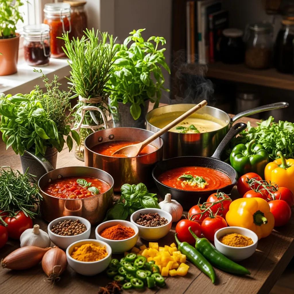 Gourmet sauce preparation in a warm kitchen with fresh herbs, colorful vegetables, and simmering pots, highlighting essential techniques for restaurant-quality sauces.