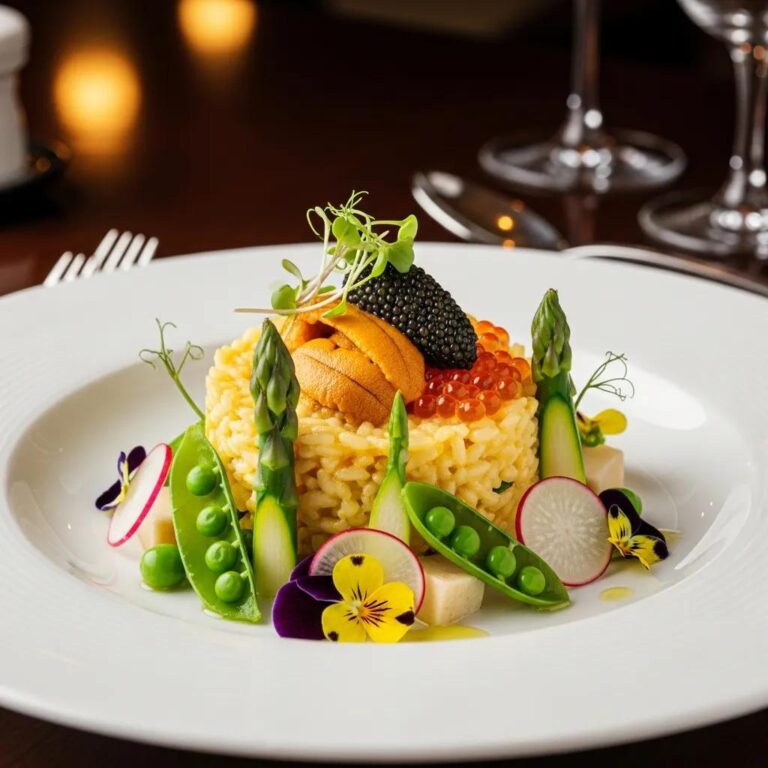 Gourmet seasonal risotto topped with uni and caviar, garnished with vibrant vegetables and edible flowers, served in an elegant fine dining setting at Kaviar Restaurants.