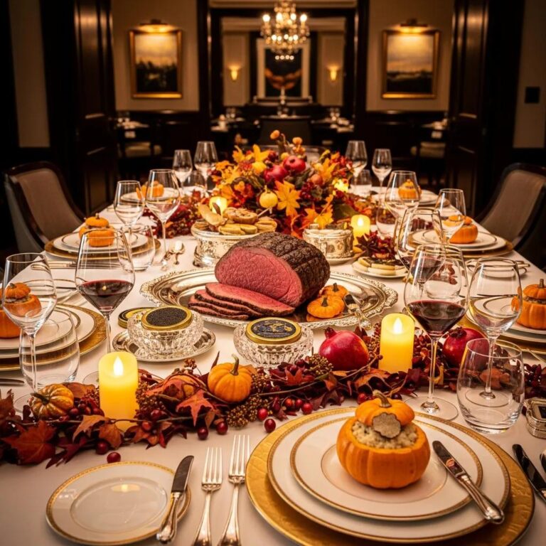 Gourmet Thanksgiving dining table featuring A5 Wagyu, caviar, decorative pumpkins, and autumn foliage at Kaviar Restaurant, emphasizing luxury culinary experiences.